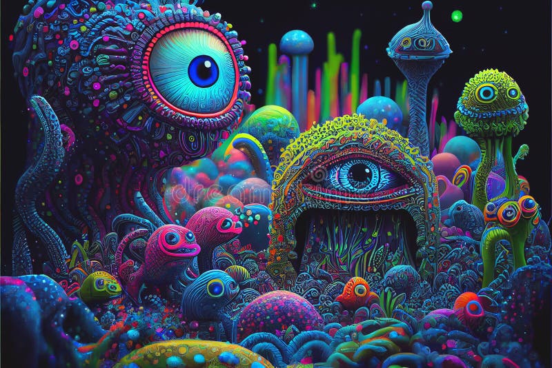 Psychiedeli neon kolorowy świat obcy i obce stworzenia wielu obcych jest jaskrawych i kolorowych royalty ilustracja