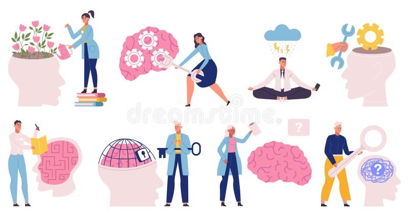 Psychische Gesundheit Kognitive Gehirnunterstützung Stresstherapie. emotionale Störung und Darstellung der medizinischen Therapie lizenzfreie abbildung