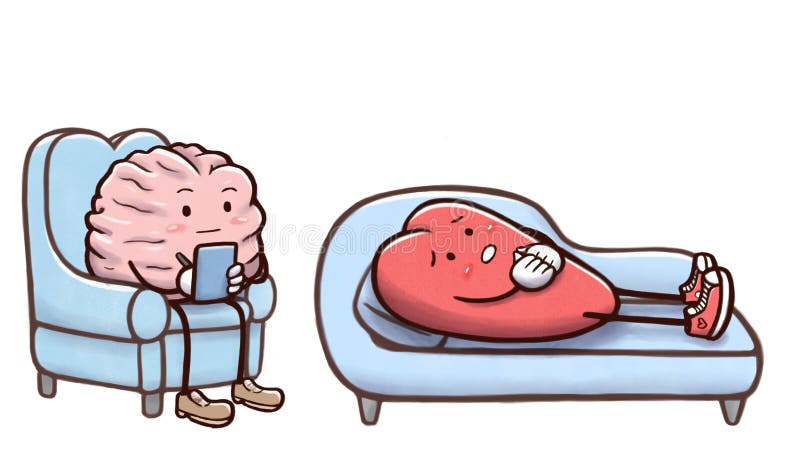 Psychologegehirn in einer Therapie-Sitzung mit einem geduldigen Herzen auf der Couch - lokalisiert im weißen Hintergrund vektor abbildung Psychologegehirn in einer Therapie-Sitzung mit einem geduldigen Herzen auf der Couch - lokalisiert im weißen Hintergrund vektor abbildung