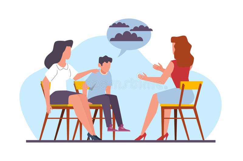 Psychological counseling, child psychiatrist talks to little boy and his mother. Unhappy sad teen boy. Depressed character. Psychologist consultation cartoon flat isolated illustration. Vector concept