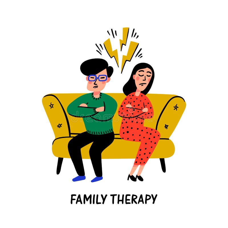 psychologie Familientherapie Unglückliche Familienpaarcharaktere auf Psychologesitzung, Psychotherapieberatung lizenzfreie abbildung psychologie Familientherapie Unglückliche Familienpaarcharaktere auf Psychologesitzung, Psychotherapieberatung lizenzfreie abbildung