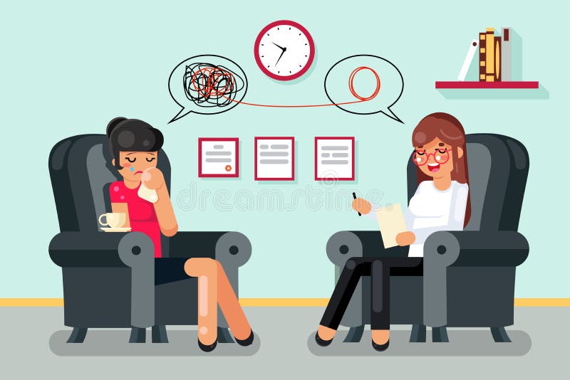 Counselor And Patient Talking Heads In Therapy Discussion Advice