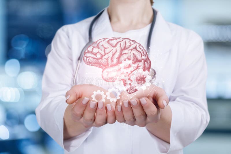 A closeup of young doctor holding the brain image and cogwheel mechanism model in her hands at blurred hospital background. A closeup of young doctor holding the brain image and cogwheel mechanism model in her hands at blurred hospital background