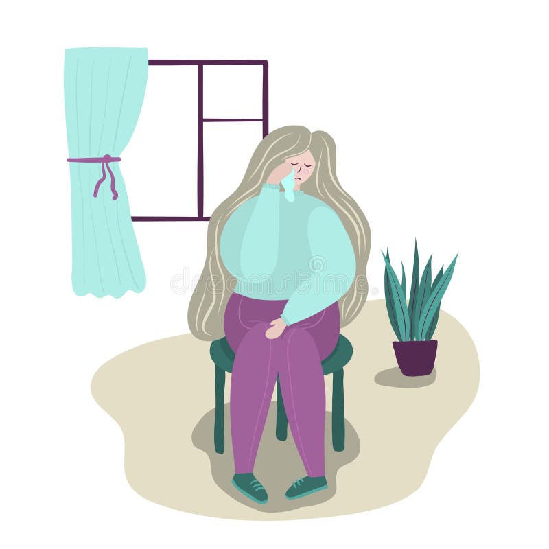 Psychology. Depression. Sad, crying, unhappy girl, sitting on the chair. A young girl with tears in her eyes. Isolated flat trendy cartoon modern style Illustration character for web and printposters