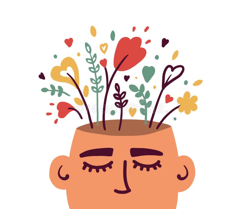 Psykisk hälsa eller psykologi med blomstrande humant huvud vektor illustrationer