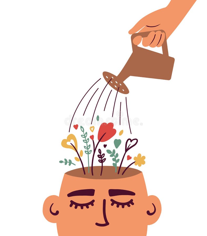 Psykisk hälsa eller psykoterapi med vattning av levande humant huvud vektor illustrationer