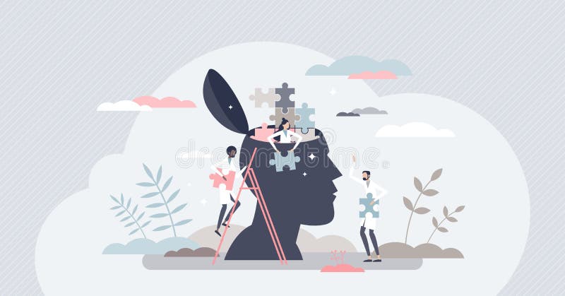 Psykisk hälsa och negativ tankebehandling pyttebehandling pyttelitet begrepp människa stock illustrationer