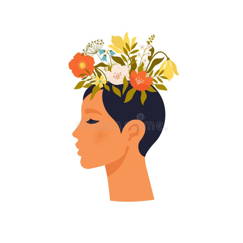 Psykologi. psykisk hälsa. kvinnlig karaktär med blomhuvud. Begreppet psykisk hälsa och harmoni mellan sinnesstämning, plana vektor stock illustrationer