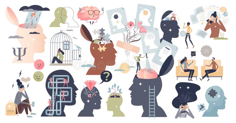 Psykologi som medicinska psykiska hälsoproblem i små samlingsplatser stock illustrationer