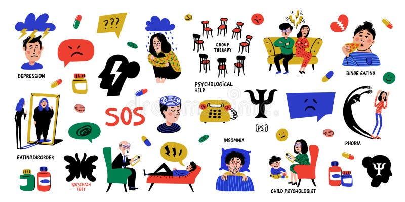 Psykologi Stor uppsättning av utdragna symboler för hand på vit bakgrund Psykologi, hj? rna och upps? ttning f? r mental h? lsavektor vektor illustrationer