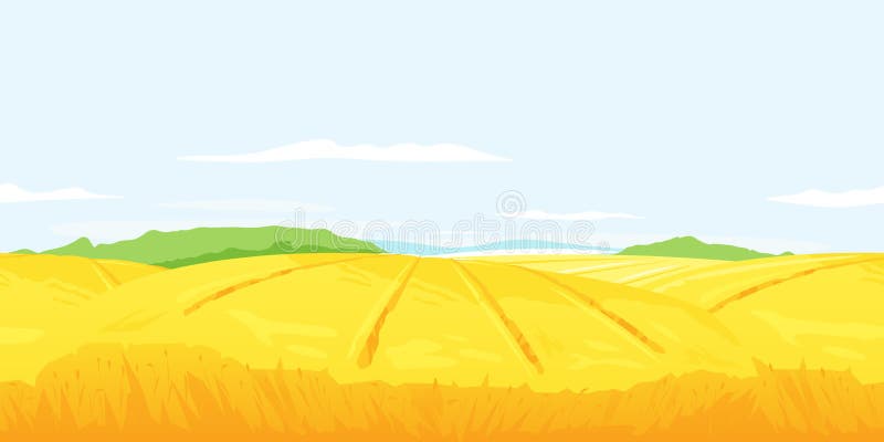 Wheat field with stalks on light blue sky, summer countryside with yellow hills, rural landscape tileable horizontally. Wheat field with stalks on light blue sky, summer countryside with yellow hills, rural landscape tileable horizontally