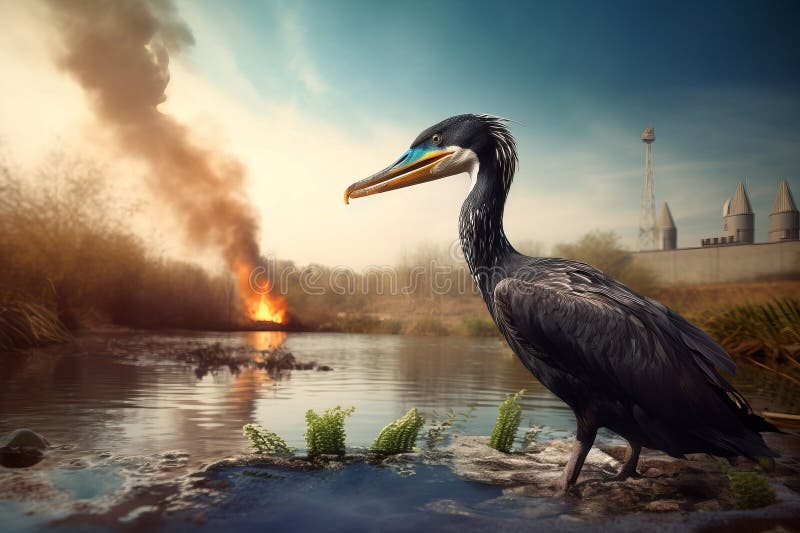 Ptak w brudnej wodzie jeziora. generuj ai ilustracja wektor