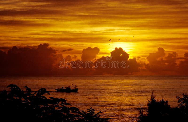 Sunrise, fishing boat and flying birds, Taiwan, East Asia. Sunrise, fishing boat and flying birds, Taiwan, East Asia