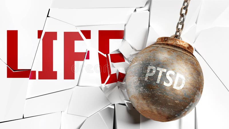 Ptsd e la vita - raffigurate come una parola Ptsd e una palla di rovina per simboleggiare che Ptsd può avere effetti negativi e p