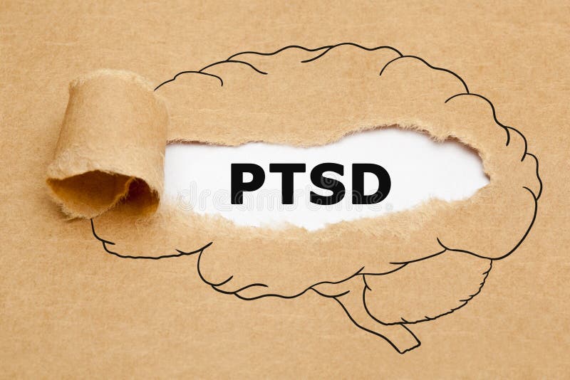 Printed acronym PTSD Post Traumatic Stress Disorder appearing behind torn brown paper in human brain drawing concept. Printed acronym PTSD Post Traumatic Stress Disorder appearing behind torn brown paper in human brain drawing concept