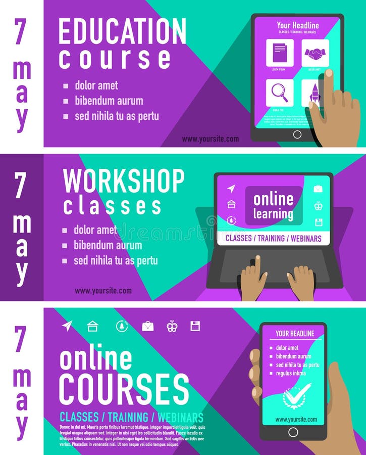 Pubblicità online di istruzione. Concetto online di istruzione L'insieme dei modelli creativi per la registrazione webinar, della preparazione e di Internet di istruzione a distanza, classifica