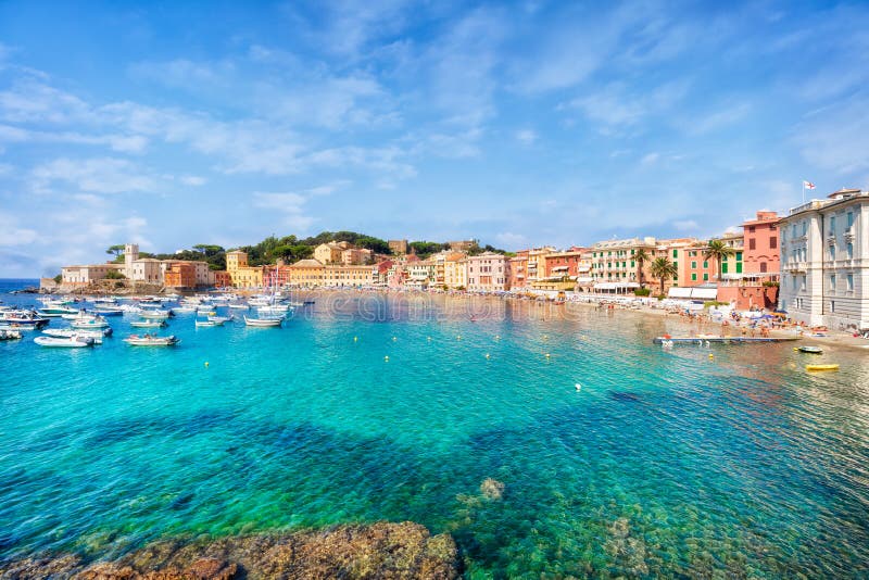 Public Beach of Italian Sestri Levante in Summer Stock Photo - Image of ...