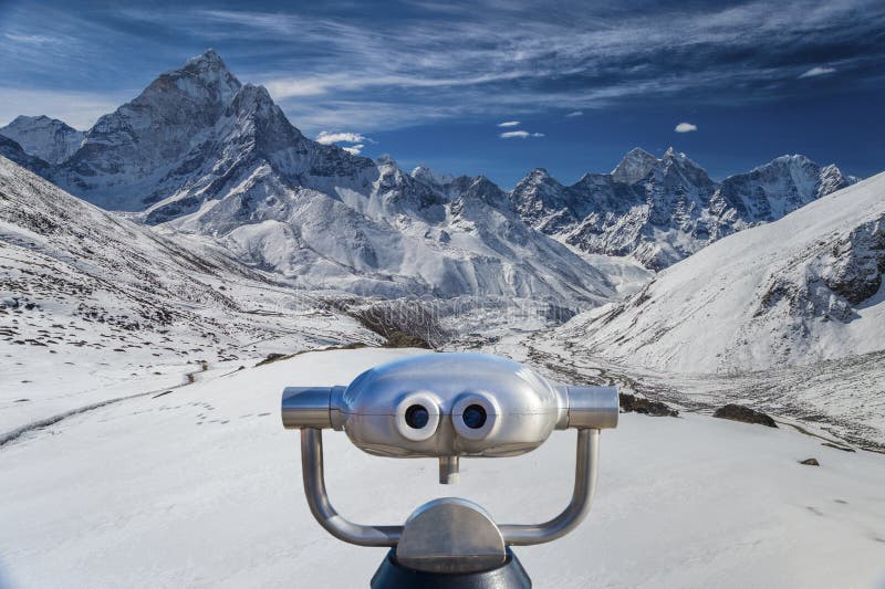 Public Binoculars In Front Of A View Over Mountain Peaks Stock Photo Image of himalayas