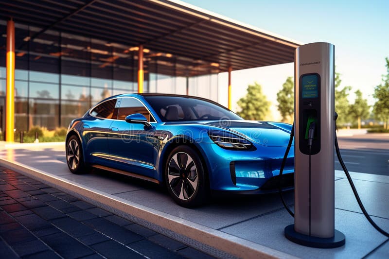 A Public Charging Station with Electric Car is Charging with Generative