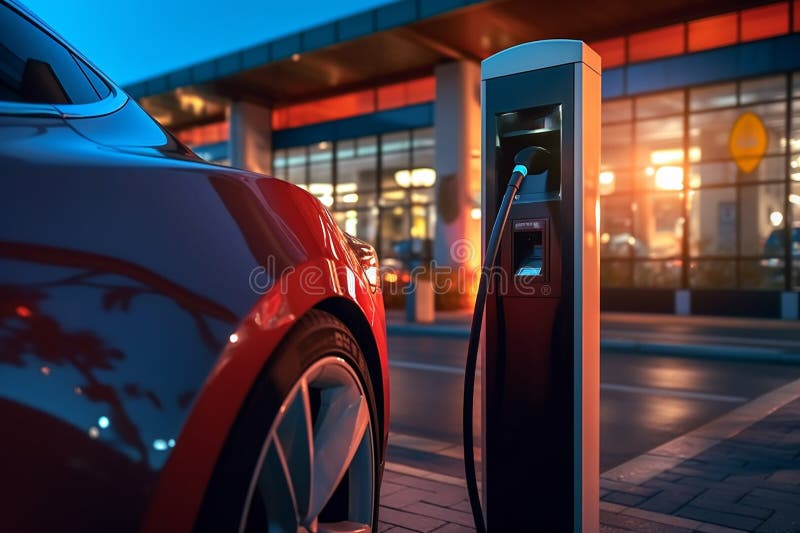 A Public Charging Station with Electric Car is Charging with Generative