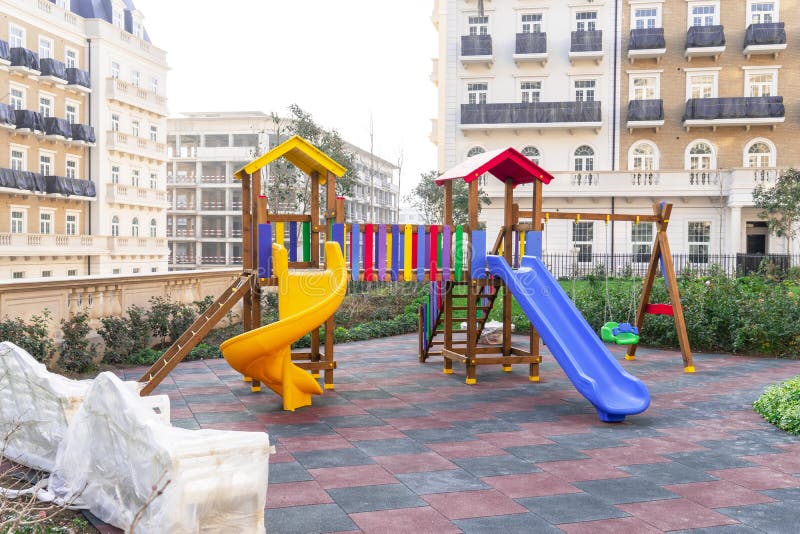Public Park Children`s Playground with Play Equipment Outdoor Stock