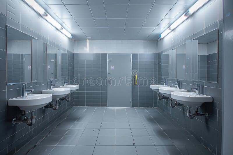 A Public Restroom with Three Sinks and a Mirror, Perfect for Capturing ...