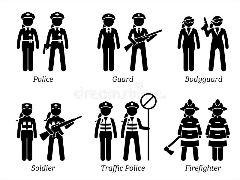 Artworks depict female police, woman guard, bodyguard, girl soldier, lady traffic police, and female firefighter. Artworks depict female police, woman guard, bodyguard, girl soldier, lady traffic police, and female firefighter.