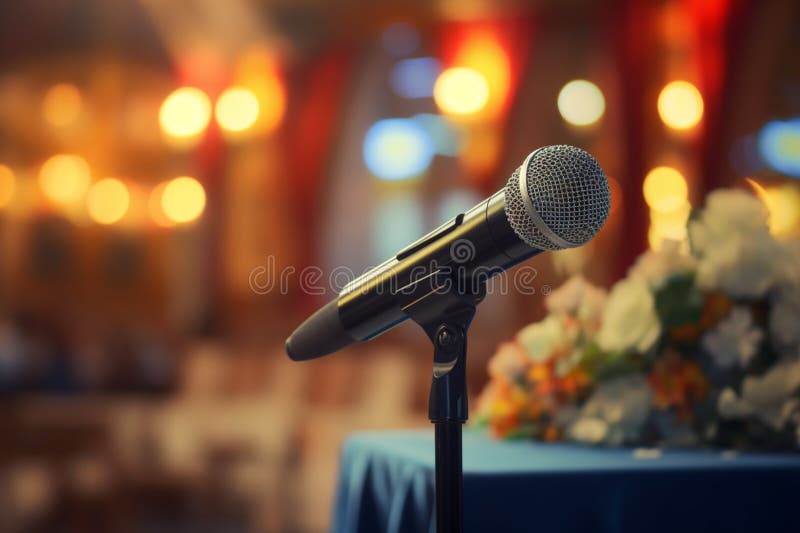 Public speaking enhanced by a microphone on the stage podium. stock illustration