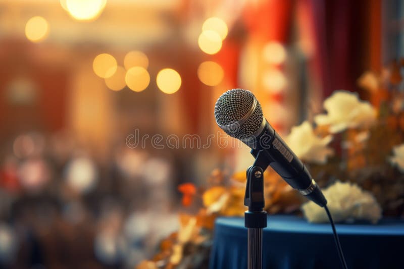 Public speaking enhanced by a microphone on the stage podium. vector illustration