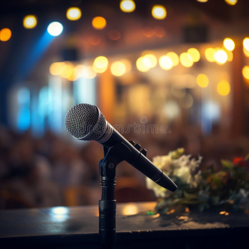 Public speaking enhanced by a microphone on the stage podium. vector illustration