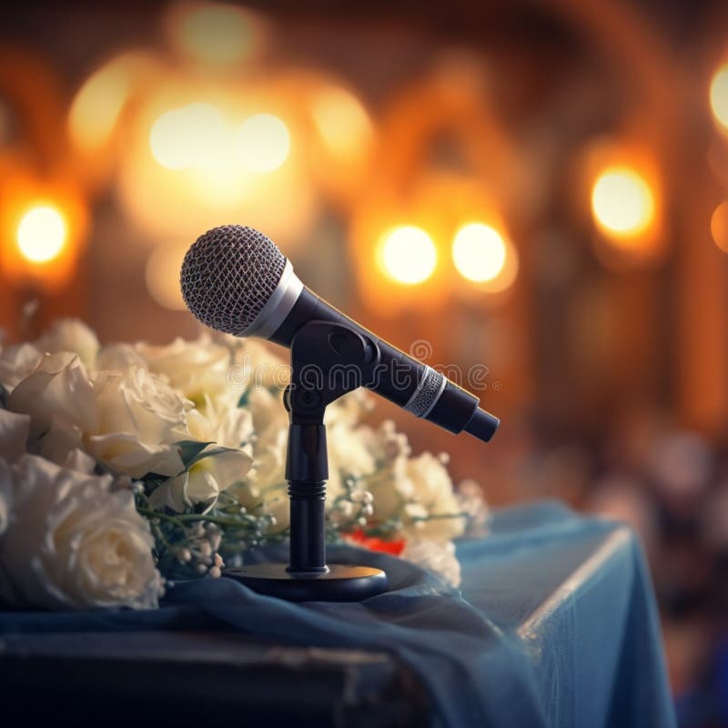 Public speaking enhanced by a microphone on the stage podium. vector illustration