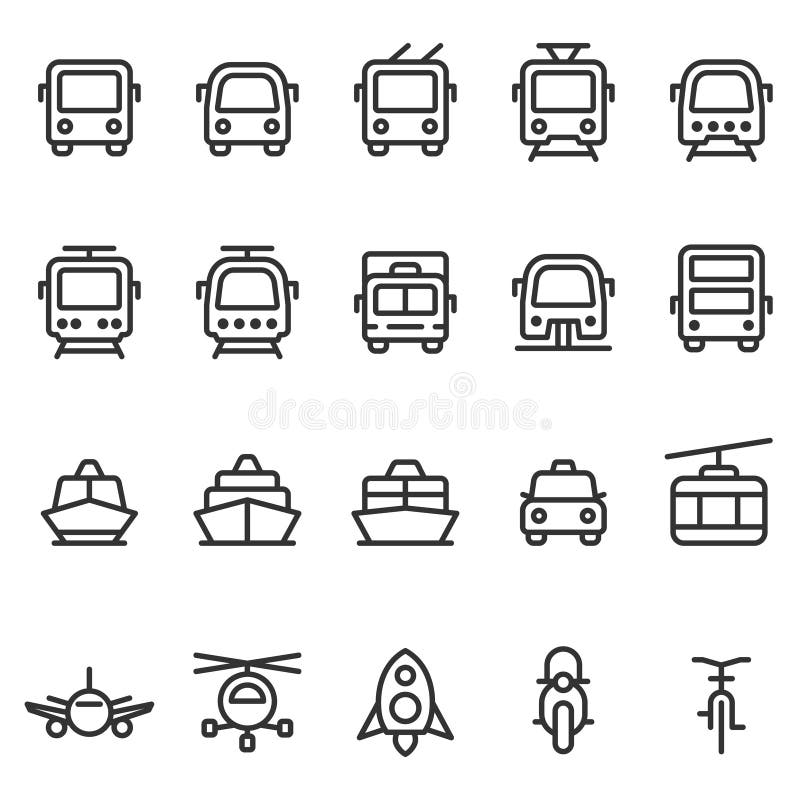 Public transport vector outline style icon set. Front view land, water, air transport symbols. Marking of transport stops.