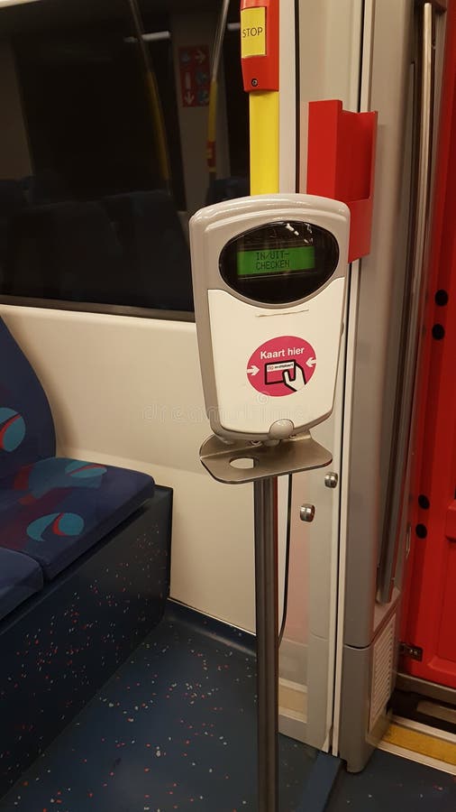 Public transportation in the Netherlands : Payment card reader in the Citadis tram in The Hague stock photography Public transportation in the Netherlands : Payment card reader in the Citadis tram in The Hague stock photography