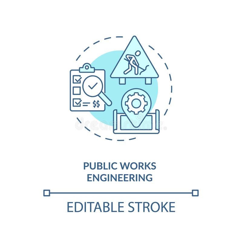 Public works engineering concept icon. Industrial construction management and supervision. Civil engineering idea thin line illustration. Vector isolated outline RGB color drawing. Editable stroke. Civil engineering line art vectors