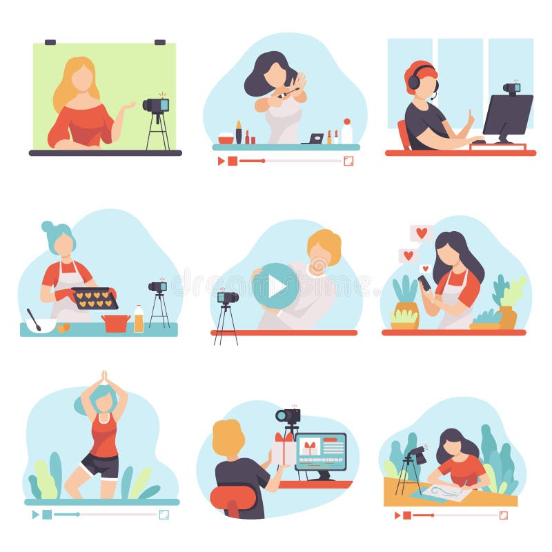 Publicar em blogs e grupo de Vlogging, Bloggers dos povos que demonstram suas habilidades através da ilustração do vetor do Inter ilustração royalty free Publicar em blogs e grupo de Vlogging, Bloggers dos povos que demonstram suas habilidades através da ilustração do vetor do Inter ilustração royalty free