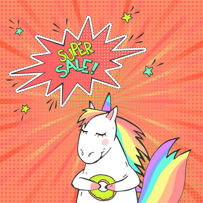 Publicidad del cartel del arte pop con unicornio mágico exhausto de la mano en estilo cómico retro Burbuja del discurso con VENTA libre illustration Publicidad del cartel del arte pop con unicornio mágico exhausto de la mano en estilo cómico retro Burbuja del discurso con VENTA libre illustration