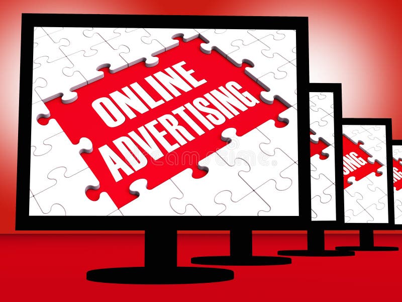 Online Advertising On Monitors Showing Marketing Strategies Or Online Promotions. Online Advertising On Monitors Showing Marketing Strategies Or Online Promotions