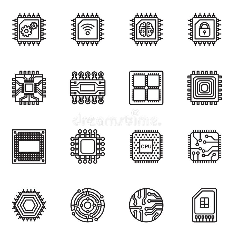 Computer Chips and Electronic Circuit icons with white background. Thin line style stock vector. Computer Chips and Electronic Circuit icons with white background. Thin line style stock vector.