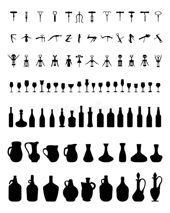 Puchary, butelki, szkła i corkscrew, royalty ilustracja Puchary, butelki, szkła i corkscrew, royalty ilustracja