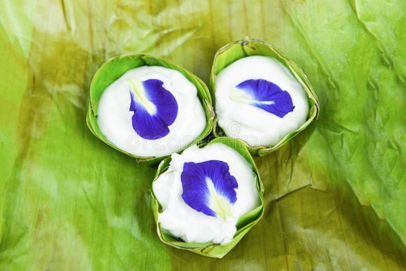 Pudding thaïlandais avec l'écrimage de noix de coco avec des fleurs de pois de papillon sur le fond de feuille de banane - desser images stock Pudding thaïlandais avec l'écrimage de noix de coco avec des fleurs de pois de papillon sur le fond de feuille de banane - desser images stock