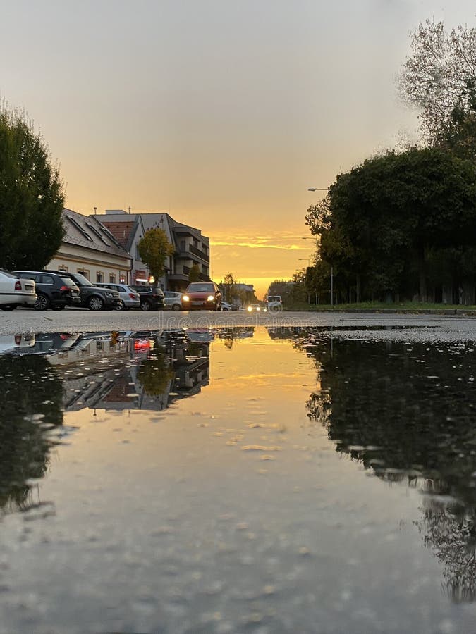 Odrazy louže v městské silnici po dešti při západu slunce zlaté hodiny. Auta a světla odráží