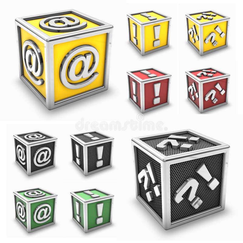 3d rendering of silver @ (mail simbol), exclamation mark, question colored box icon or button (may use for a icon). 3d rendering of silver @ (mail simbol), exclamation mark, question colored box icon or button (may use for a icon)