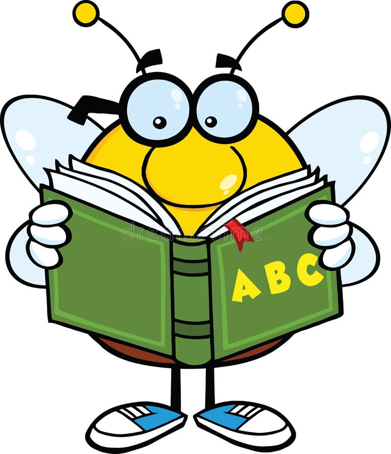 Pudgy Bee Cartoon Character With Glasses Reading A ABC Book