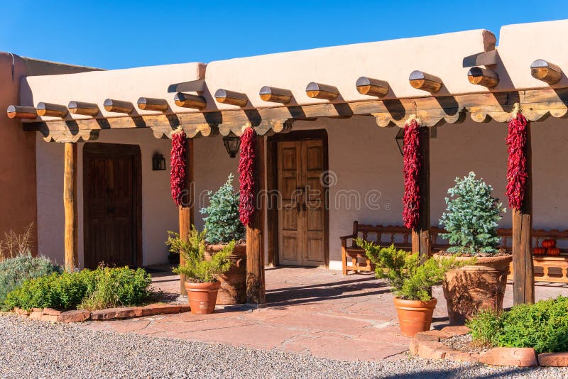 Pueblo style adobe architecture house in Santa Fe, New Mexico