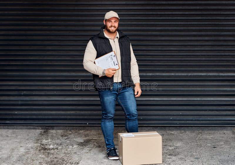 You can ship with certainty with us. Portrait of a courier holding a clipboard. You can ship with certainty with us. Portrait of a courier holding a clipboard