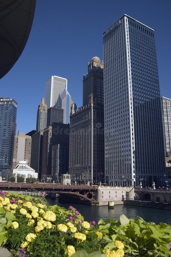 Flowers bloom in front of State Street bridge on the Chicago River. Flowers bloom in front of State Street bridge on the Chicago River