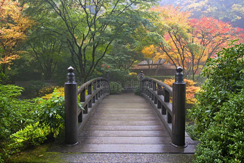 Wooden Bridge at Portland Japanese Garden Oregon in Autumn. Wooden Bridge at Portland Japanese Garden Oregon in Autumn