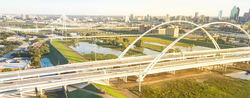 Panorama aerial drone view Margaret Hunt Hill Bridge, Margaret McDermott Bridge and Dallas downtown skyscrapers. Panorama aerial drone view Margaret Hunt Hill Bridge, Margaret McDermott Bridge and Dallas downtown skyscrapers