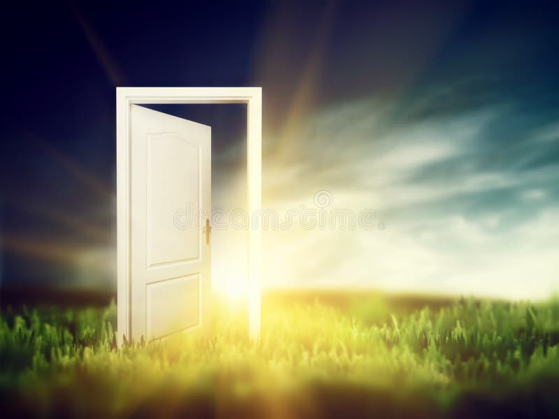 Open door on the green field. Conceptual new way, entrance to new world, heaven, life, hope. Open door on the green field. Conceptual new way, entrance to new world, heaven, life, hope.