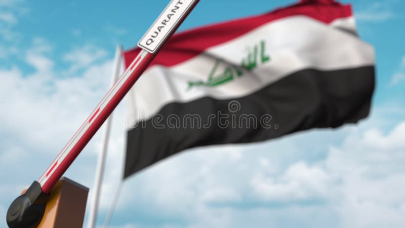 Puerta de barrera con señal de cuarentena abierta con bandera de iraq como fondo. final del bloqueo de irakí ilustración del vector